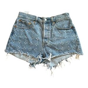 Levi 501 Light Blue Distressed Pattern High Rise Jean Short Button Fly Cotton